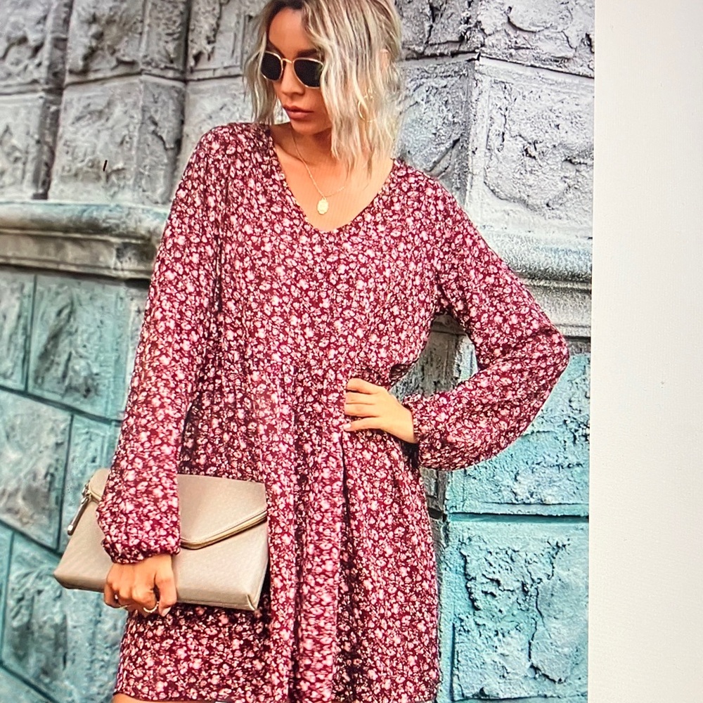 Women's Floral V-Neck Long Sleeve baby doll Dress - Burgundy